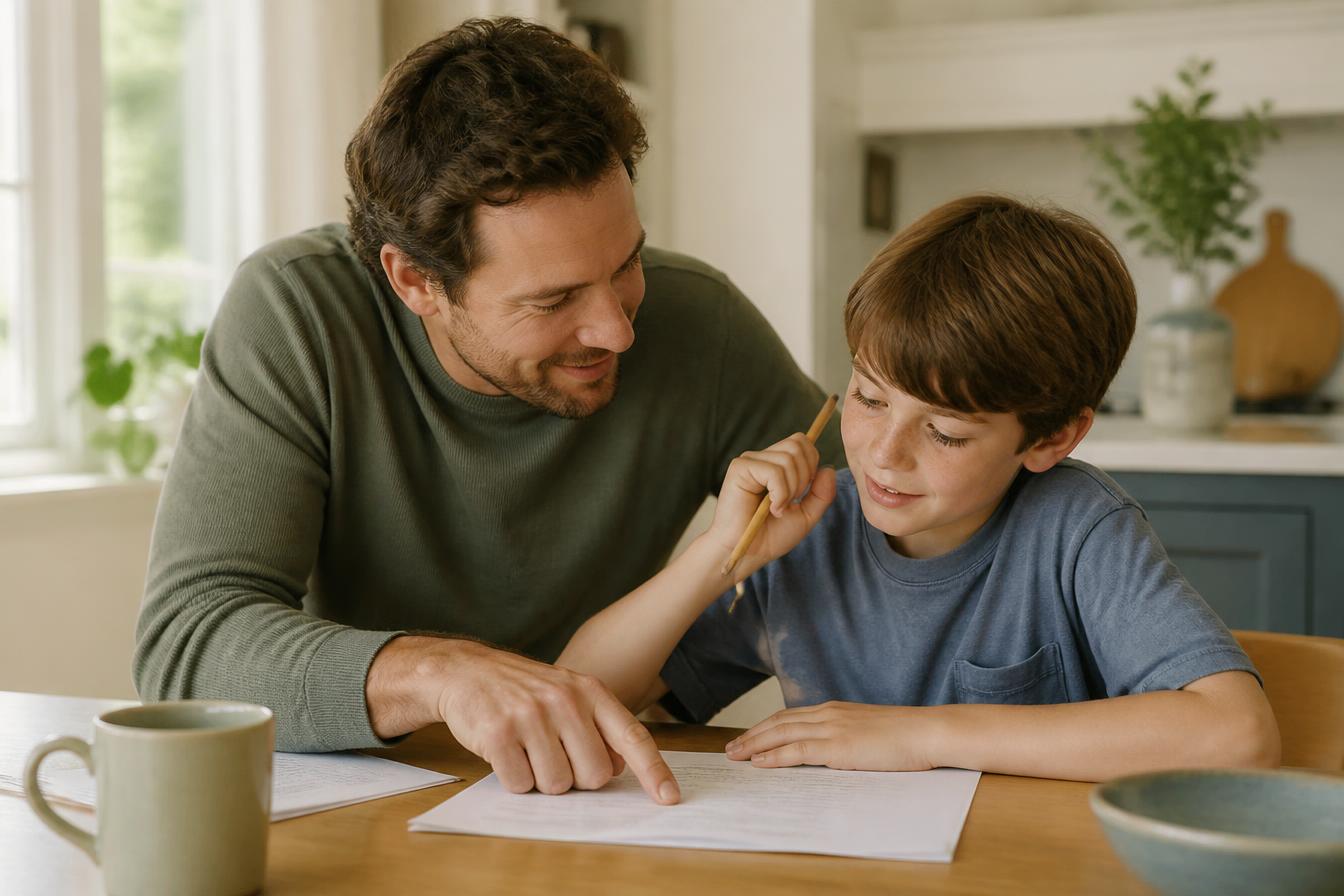 A parent and child reviewing schoolwork together at home
